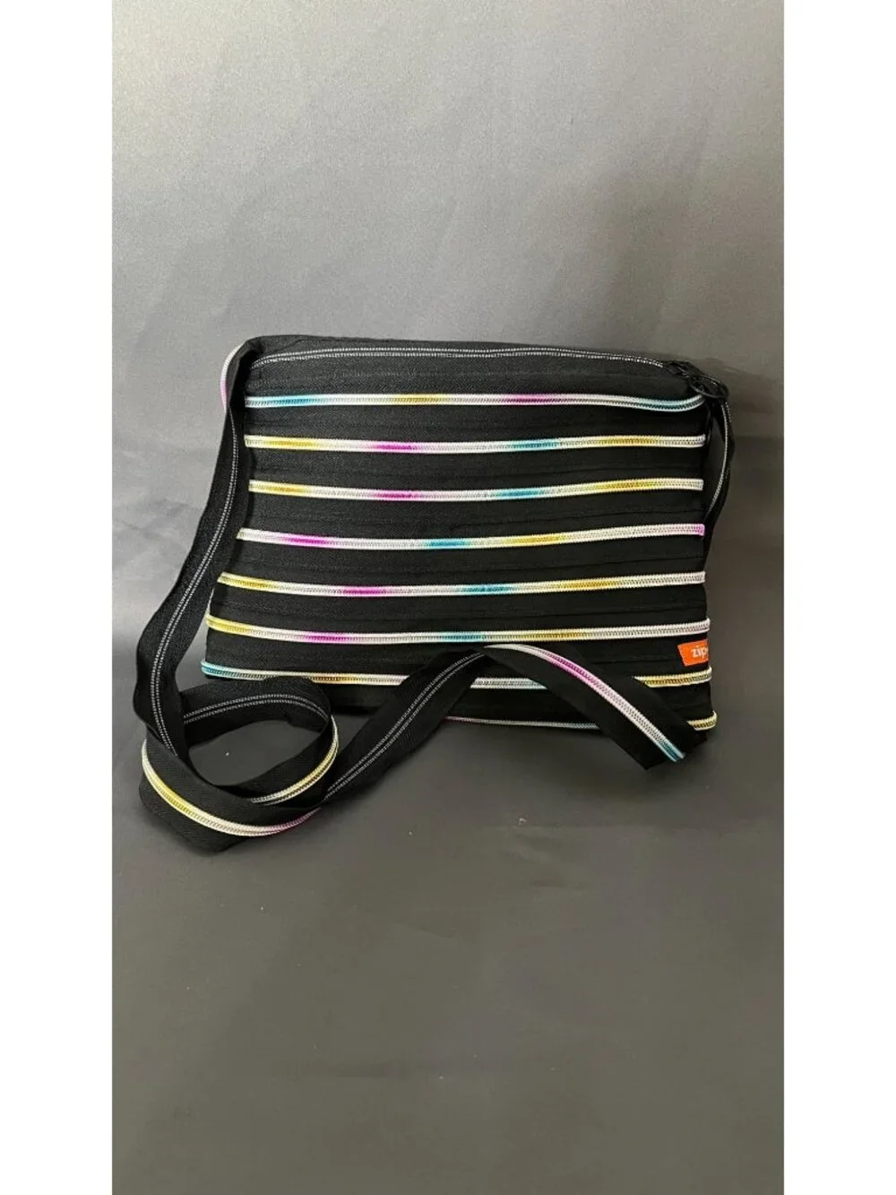 Zipit Black Shoulder Bag With Multi-Color Zipper Stripes And Adjustable Strap - Picture 1 of 3